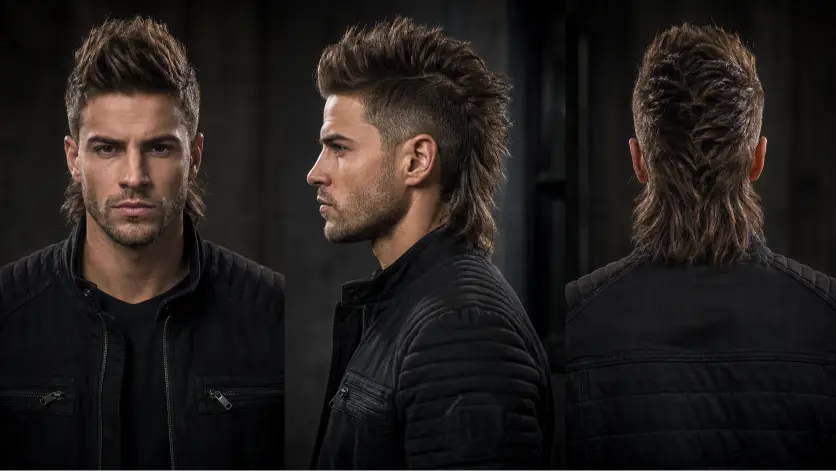 Modern textured mullet hairstyle for men with burst fade sides and layered back, showcasing a trendy masculine haircut for thick wavy hair