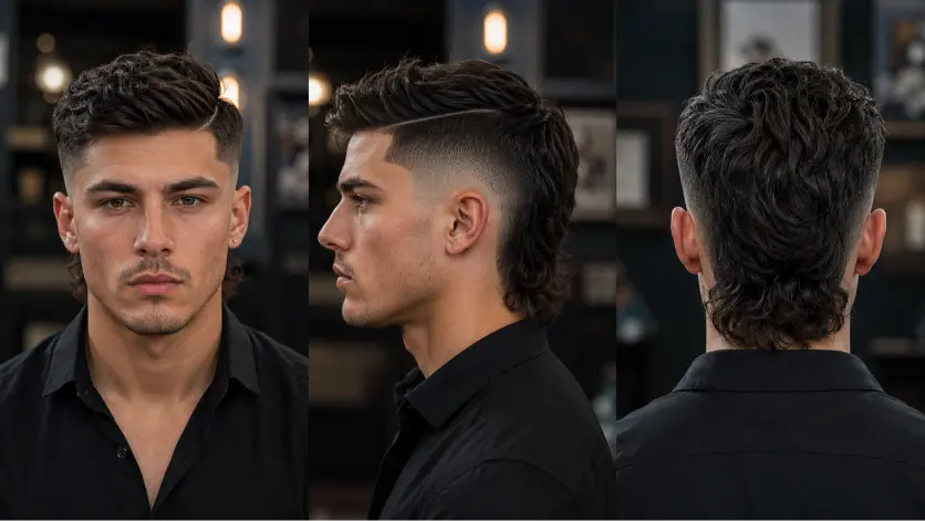 Man with a textured burst fade mullet hairstyle featuring sharp faded sides, messy volume on top, and longer layered hair in the back for a modern edgy look