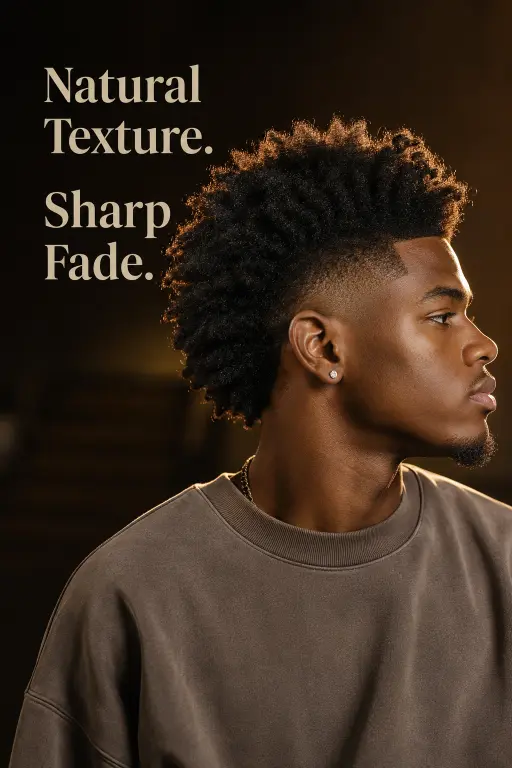 Man with a modern burst fade mohawk haircut featuring textured volume, sharp faded sides, and bold masculine style trend for men