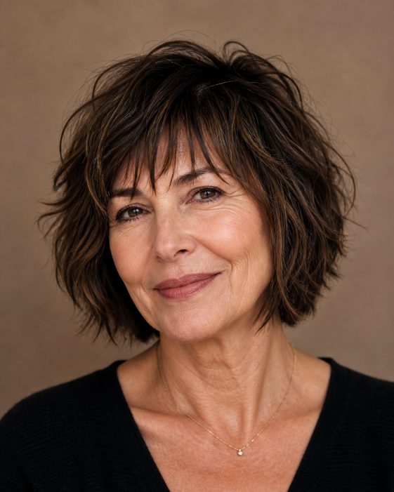 Layered bob with bangs for women over 50 showcasing flattering, modern styles for different face shapes and hair textures