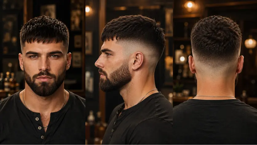 Man with a modern French crop high fade haircut featuring textured top layers, sharp faded sides, and a clean masculine finish, showcasing trendy men’s hairstyle inspiration for 2026.