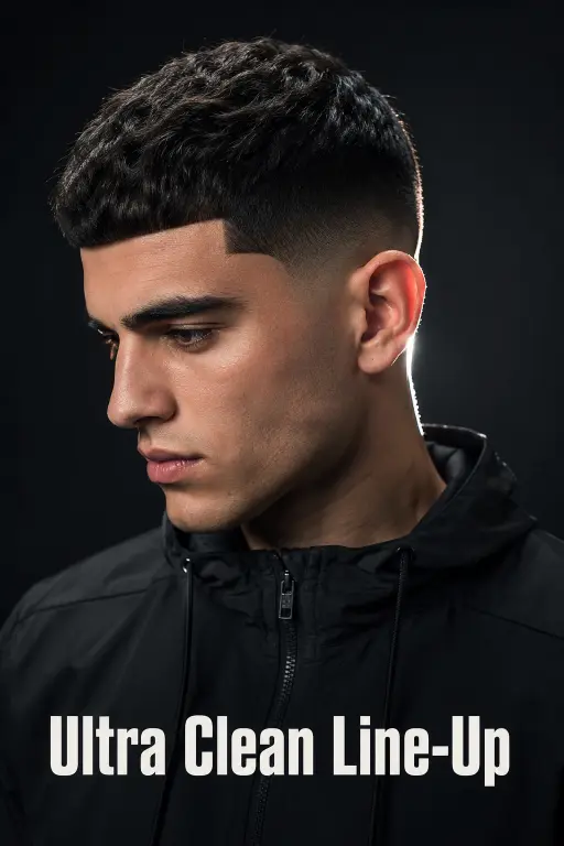 Sharp modern French crop low fade haircut on a stylish man with textured hair, clean faded sides, and defined fringe, showcasing trendy men’s grooming and contemporary barber style.