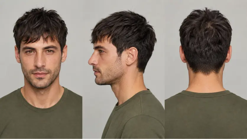 Messy fringe haircut for men with textured volume, modern fade, and natural movement — stylish 2026 men’s hairstyle idea for straight, wavy, and curly hair types.