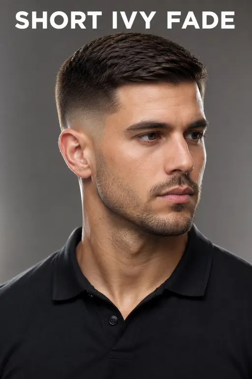 Confident young man with a modern Ivy League haircut featuring neatly tapered sides, textured side-parted top, and a clean masculine finish, styled in a premium barbershop setting with sharp grooming details and timeless men’s fashion aesthetic.