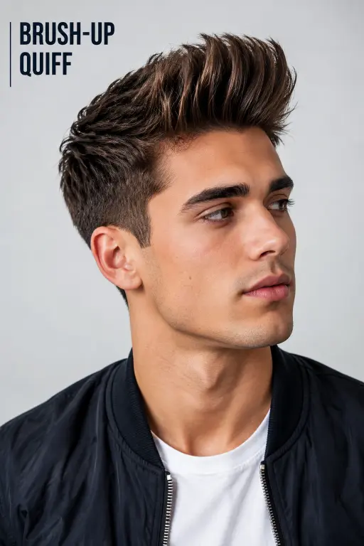 Modern textured quiff hairstyle for men with high fade, thick volume, and natural texture styled for a sharp masculine look