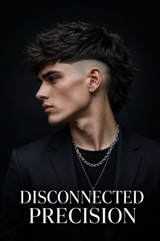 Man with a modern mullet fade haircut featuring textured volume on top, faded sides, and longer layered hair at the back for a bold stylish look
