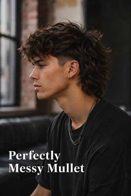 Man with a textured burst fade mullet hairstyle featuring sharp faded sides, messy volume on top, and longer layered hair in the back for a modern edgy look