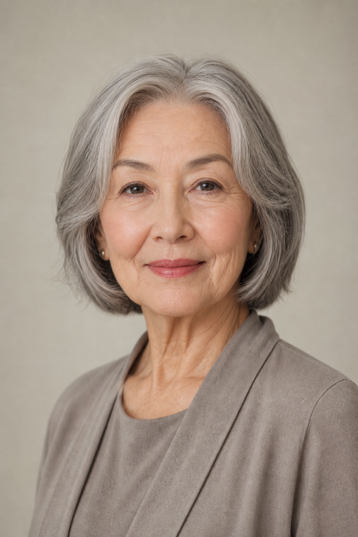 Elegant short layered hairstyle for women over 70 with soft volume and natural gray hair