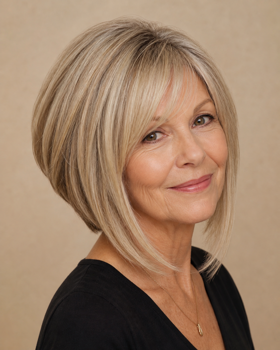 Layered bob with bangs for women over 50 showcasing flattering, modern styles for different face shapes and hair textures