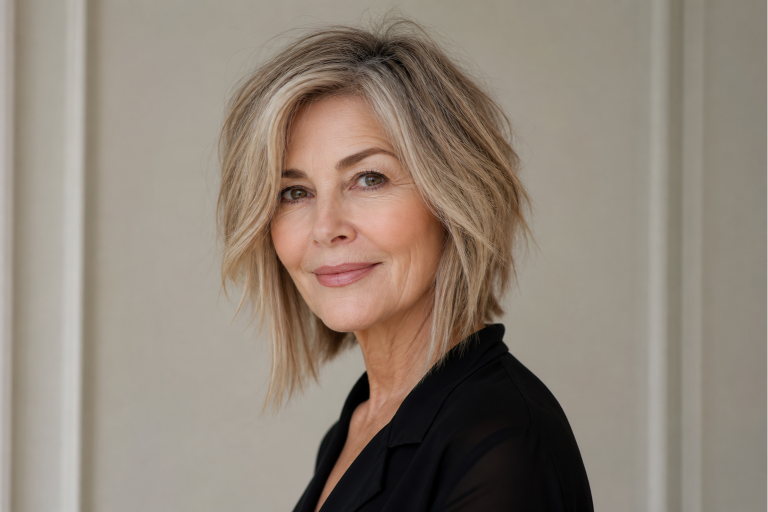 Short shag haircut for women over 50 with soft layered texture, voluminous crown, and wispy bangs adding youthful movement and fullness to thinning hair