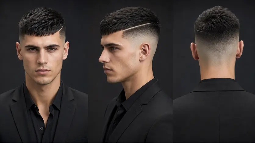 Man with a modern French crop high fade haircut featuring textured top layers, sharp faded sides, and a clean masculine finish, showcasing trendy men’s hairstyle inspiration for 2026.