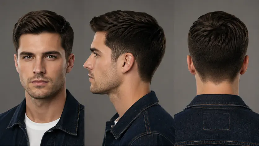 Confident young man with a modern Ivy League haircut featuring neatly tapered sides, textured side-parted top, and a clean masculine finish, styled in a premium barbershop setting with sharp grooming details and timeless men’s fashion aesthetic.