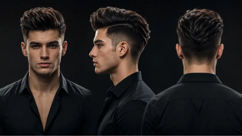 Modern textured quiff hairstyle for men with high fade, thick volume, and natural texture styled for a sharp masculine look
