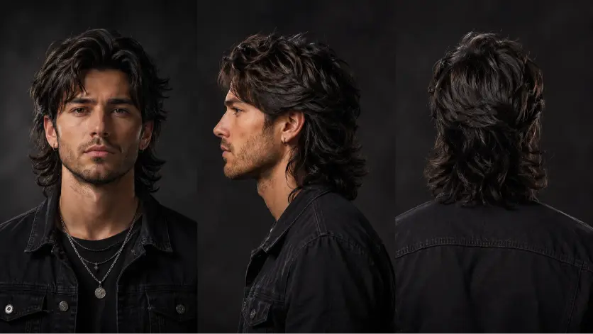 Modern textured mullet hairstyle for men with burst fade sides and layered back, showcasing a trendy masculine haircut for thick wavy hair