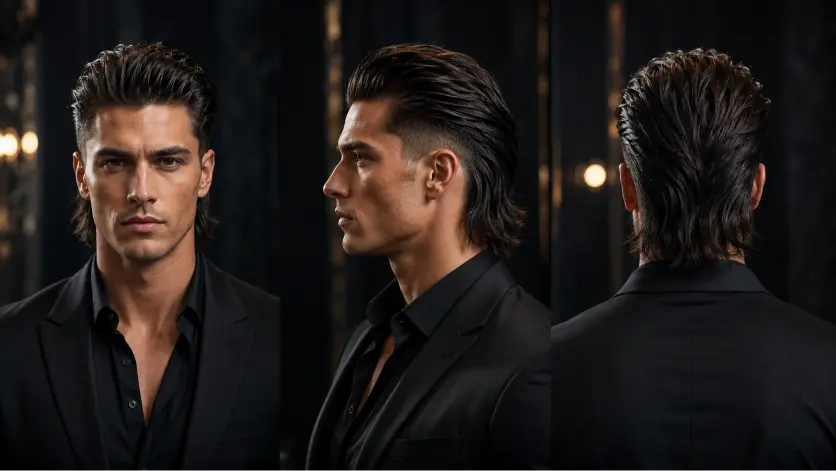 Man with a modern mullet fade haircut featuring textured volume on top, faded sides, and longer layered hair at the back for a bold stylish look