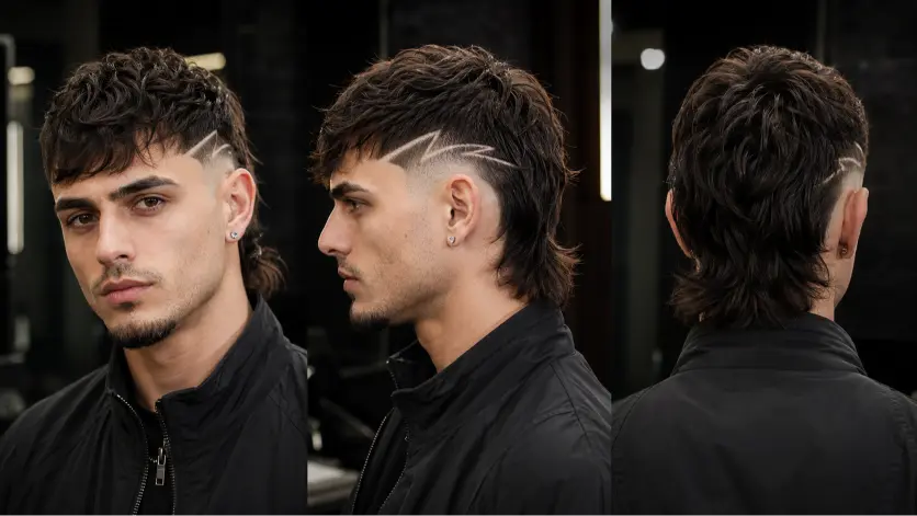 Man with a textured burst fade mullet hairstyle featuring sharp faded sides, messy volume on top, and longer layered hair in the back for a modern edgy look