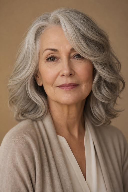 Elegant short layered hairstyle for women over 70 with soft volume and natural gray hair