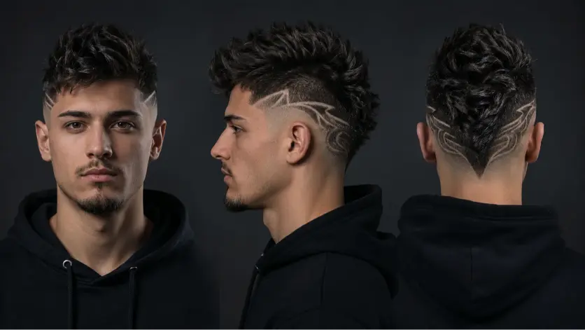 Man with a modern burst fade mohawk haircut featuring textured volume, sharp faded sides, and bold masculine style trend for men