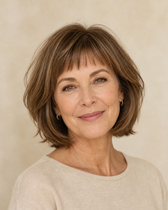 Layered bob with bangs for women over 50 showcasing flattering, modern styles for different face shapes and hair textures