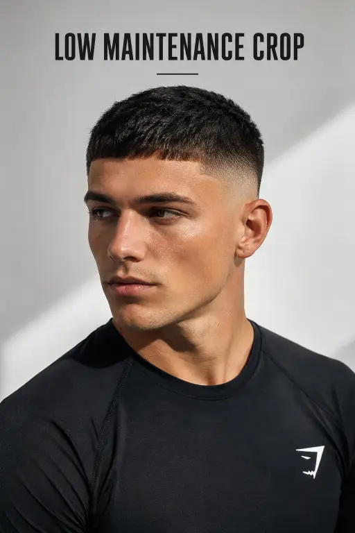 Man with a modern French crop high fade haircut featuring textured top layers, sharp faded sides, and a clean masculine finish, showcasing trendy men’s hairstyle inspiration for 2026.