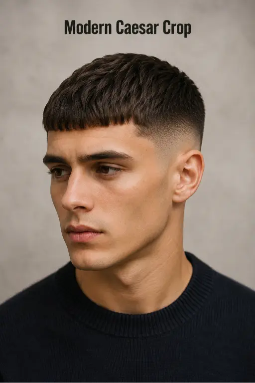 Sharp modern French crop low fade haircut on a stylish man with textured hair, clean faded sides, and defined fringe, showcasing trendy men’s grooming and contemporary barber style.