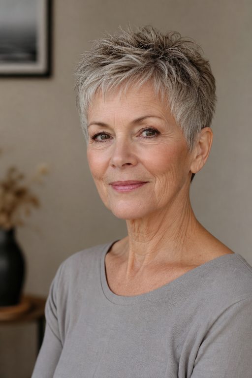 Short layered pixie haircut for women over 60 with thin fine hair adding volume and lift