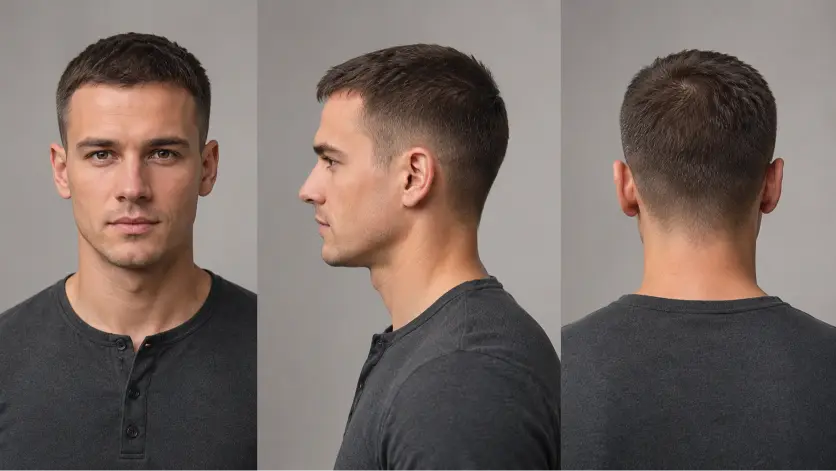 one powerfull image alt Clean and sharp crew cut haircut for men with modern fade, textured top, and masculine low maintenance style for every face shape