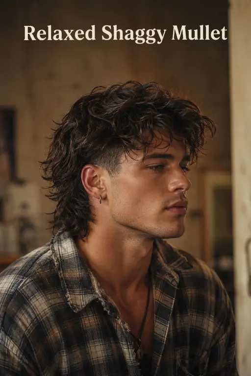 Man with a modern mullet fade haircut featuring textured volume on top, faded sides, and longer layered hair at the back for a bold stylish look