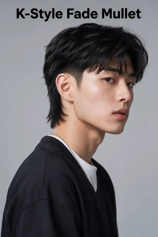 Man with a textured burst fade mullet hairstyle featuring sharp faded sides, messy volume on top, and longer layered hair in the back for a modern edgy look