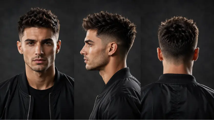 Sharp modern French crop low fade haircut on a stylish man with textured hair, clean faded sides, and defined fringe, showcasing trendy men’s grooming and contemporary barber style.