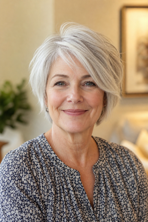 Short layered pixie haircut for women over 60 with thin fine hair adding volume and lift