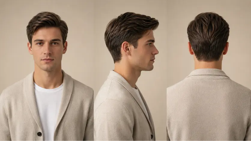 Confident young man with a modern Ivy League haircut featuring neatly tapered sides, textured side-parted top, and a clean masculine finish, styled in a premium barbershop setting with sharp grooming details and timeless men’s fashion aesthetic.