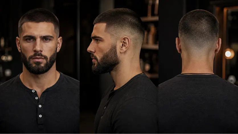 Modern long buzz cut hairstyles for men featuring fades, textured buzz cuts, beard combinations, and bold masculine looks