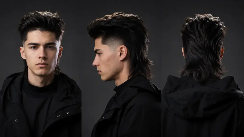 Man with a modern mullet fade haircut featuring textured volume on top, faded sides, and longer layered hair at the back for a bold stylish look