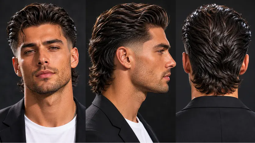 Man with a textured burst fade mullet hairstyle featuring sharp faded sides, messy volume on top, and longer layered hair in the back for a modern edgy look
