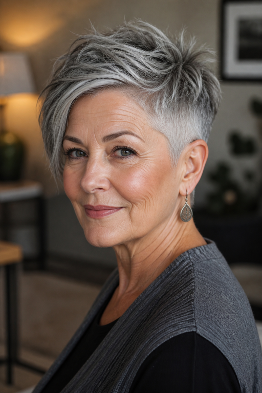 Elegant short layered hairstyle for women over 70 with soft volume and natural gray hair