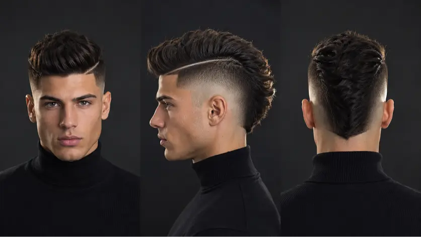 Man with a modern burst fade mohawk haircut featuring textured volume, sharp faded sides, and bold masculine style trend for men