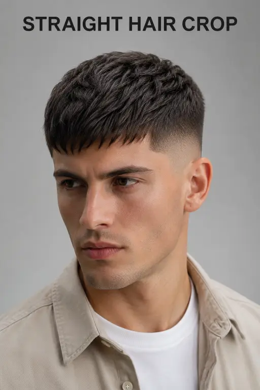 Man with a modern French crop high fade haircut featuring textured top layers, sharp faded sides, and a clean masculine finish, showcasing trendy men’s hairstyle inspiration for 2026.