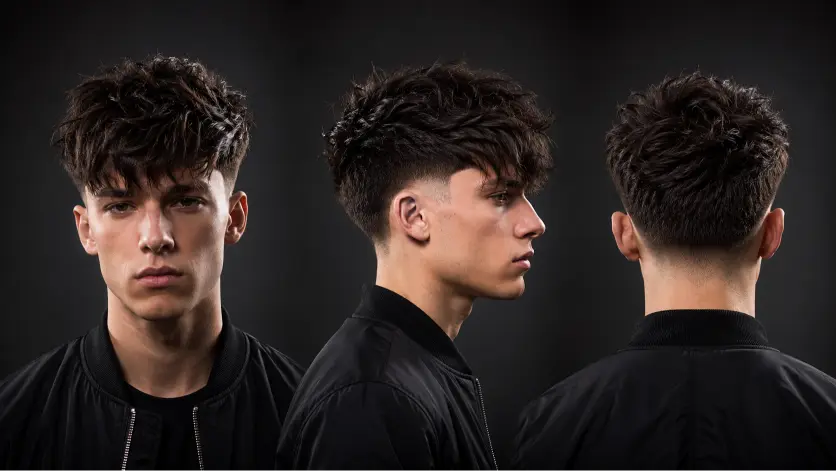 Messy fringe haircut for men with textured volume, modern fade, and natural movement — stylish 2026 men’s hairstyle idea for straight, wavy, and curly hair types.