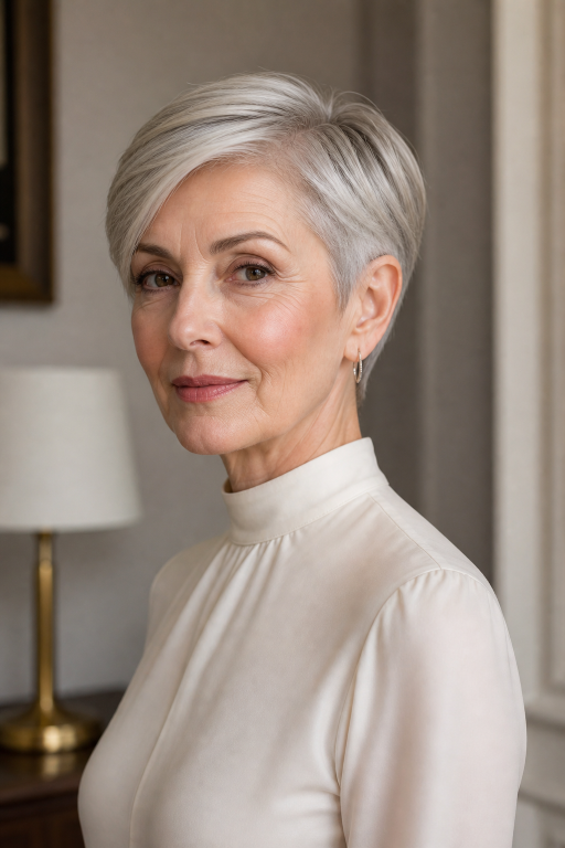 Short layered pixie haircut for women over 60 with thin fine hair adding volume and lift
