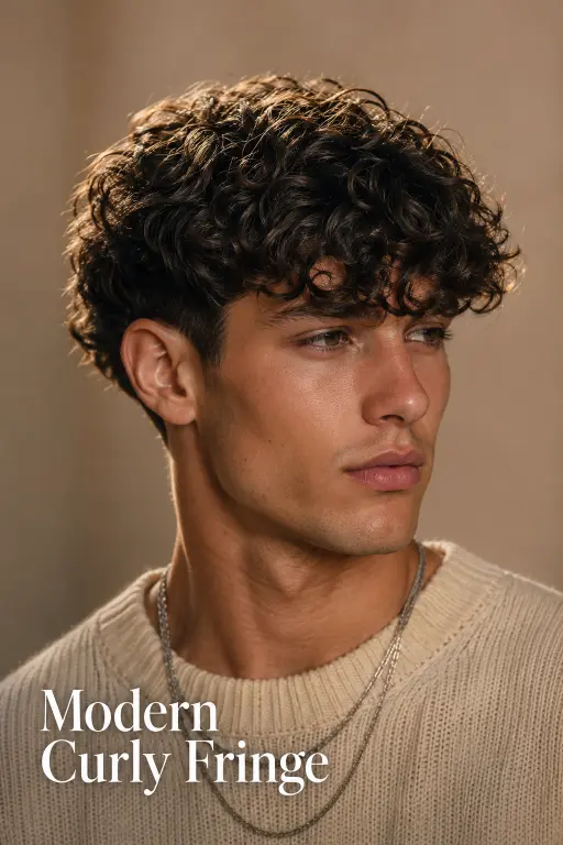 Messy fringe haircut for men with textured volume, modern fade, and natural movement — stylish 2026 men’s hairstyle idea for straight, wavy, and curly hair types.