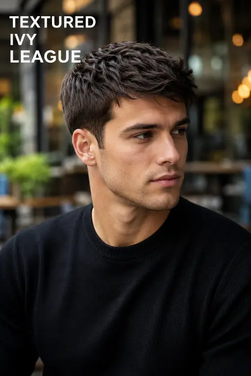 Confident young man with a modern Ivy League haircut featuring neatly tapered sides, textured side-parted top, and a clean masculine finish, styled in a premium barbershop setting with sharp grooming details and timeless men’s fashion aesthetic.
