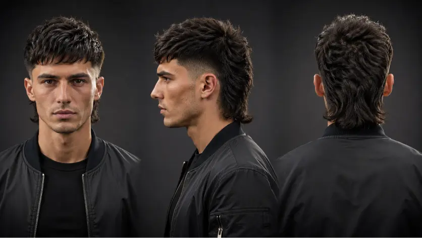 Modern textured mullet hairstyle for men with burst fade sides and layered back, showcasing a trendy masculine haircut for thick wavy hair