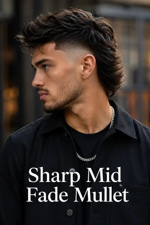 Man with a modern mullet fade haircut featuring textured volume on top, faded sides, and longer layered hair at the back for a bold stylish look