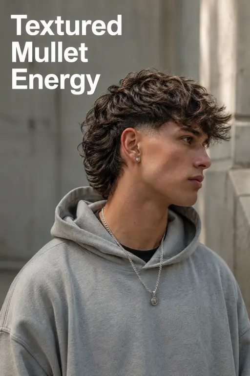Man with a textured burst fade mullet hairstyle featuring sharp faded sides, messy volume on top, and longer layered hair in the back for a modern edgy look