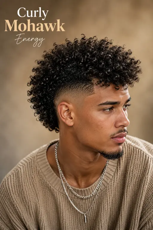 Man with a modern burst fade mohawk haircut featuring textured volume, sharp faded sides, and bold masculine style trend for men