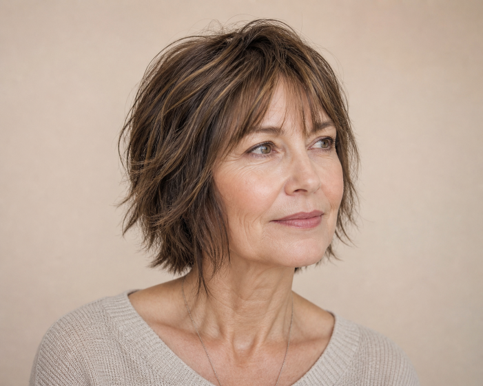 Layered bob with bangs for women over 50 showcasing flattering, modern styles for different face shapes and hair textures