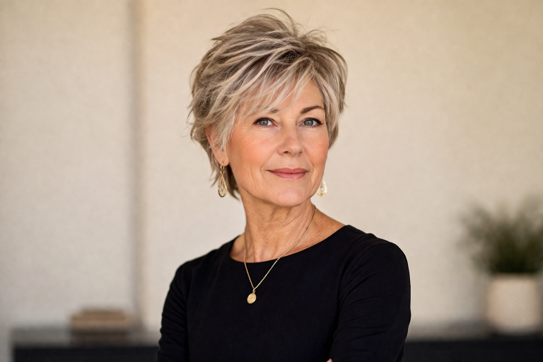 Short shag haircut for women over 50 with soft layered texture, voluminous crown, and wispy bangs adding youthful movement and fullness to thinning hair