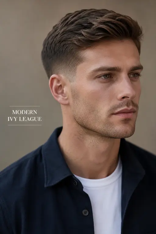 Confident young man with a modern Ivy League haircut featuring neatly tapered sides, textured side-parted top, and a clean masculine finish, styled in a premium barbershop setting with sharp grooming details and timeless men’s fashion aesthetic.