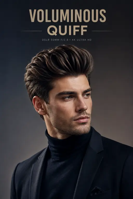 Modern textured quiff hairstyle for men with high fade, thick volume, and natural texture styled for a sharp masculine look